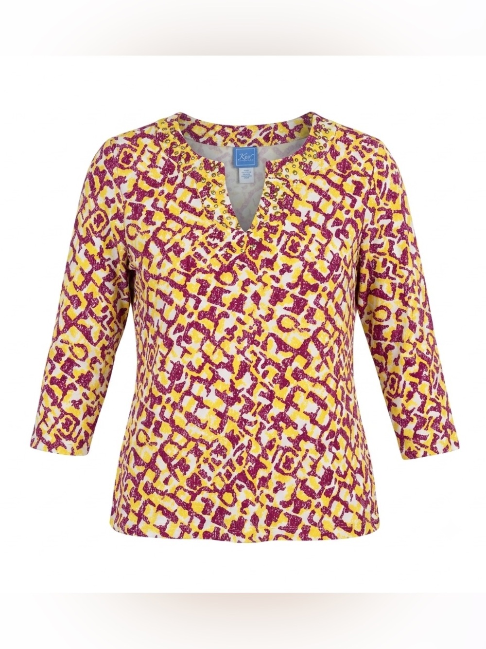 Laura Lane Women's Top XL Pink Yellow Abstract Embellished Neck 3/4 Sleeve Knit